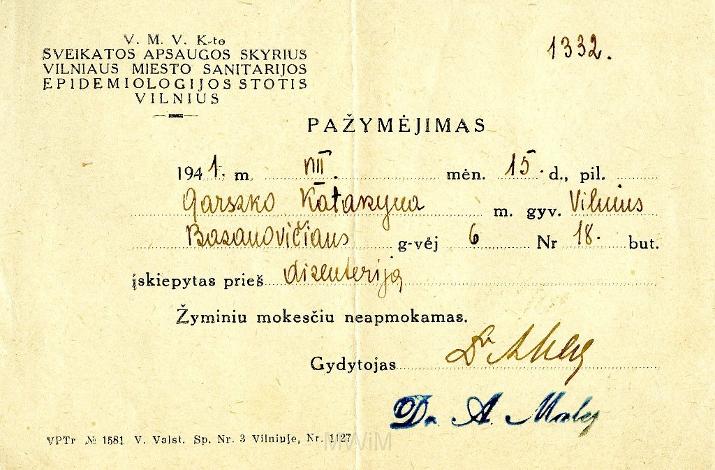 KKE 5883-3.jpg - (litewski) Dok. Zaświadczenie lekarskie o szczepieniu rodziny Graszko, Wilno, 15 VIII 1941 r.